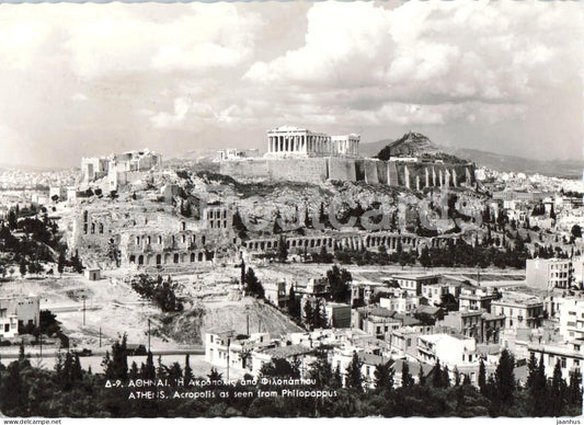 Athens - Acropolis as seen from Philopappus - Parthenon - city panorama - 9 - old postcard - 1963 - Greece - used - JH Postcards