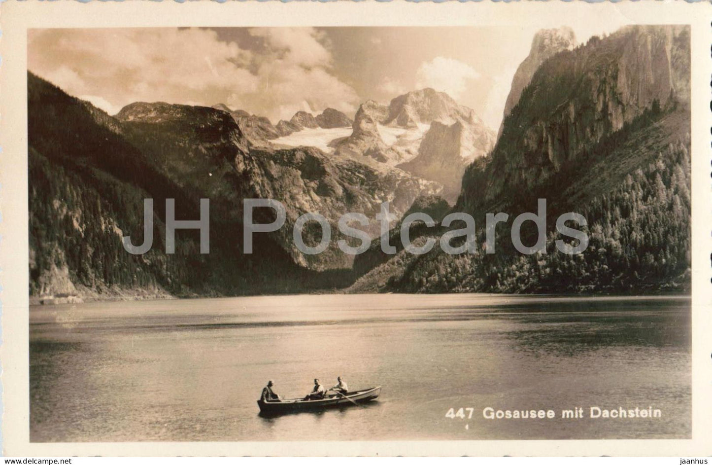 Gosausee mit Dachstein - mountain lake - boat - mountains - 447 - old postcard - 1930s - Austria - unused - JH Postcards