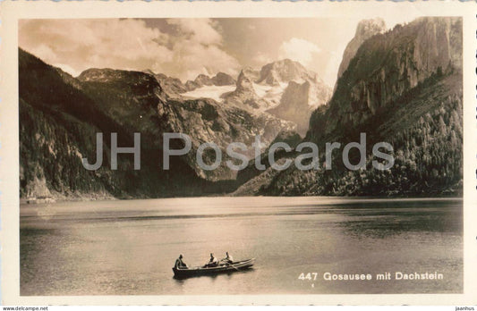 Gosausee mit Dachstein - mountain lake - boat - mountains - 447 - old postcard - 1930s - Austria - unused - JH Postcards