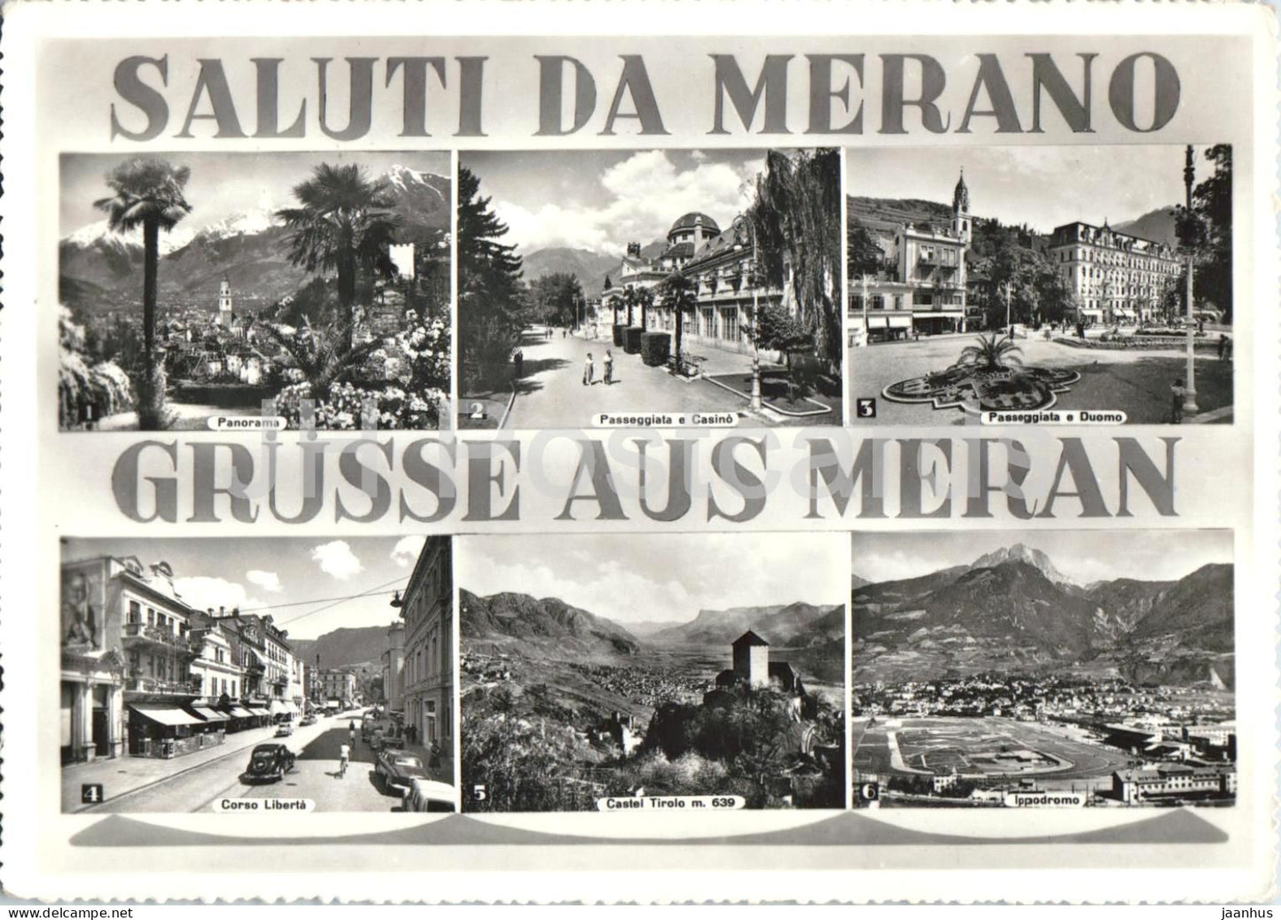 Saluti da Merano - Grusse aus Meran - Greetings - spa town views - multiview - old postcard - 1957 - Italy - used - JH Postcards