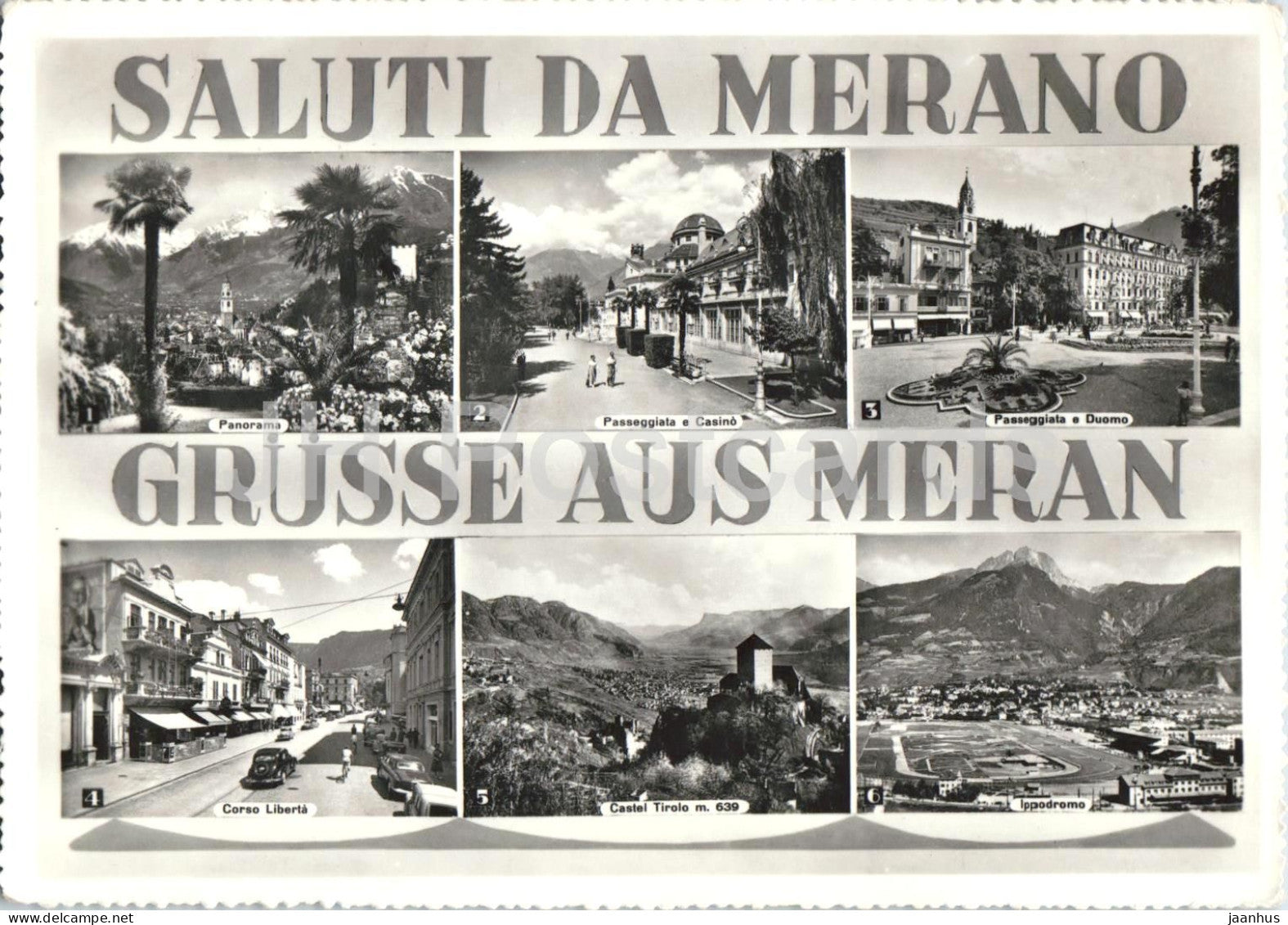 Saluti da Merano - Grusse aus Meran - Greetings - spa town views - multiview - old postcard - 1957 - Italy - used - JH Postcards