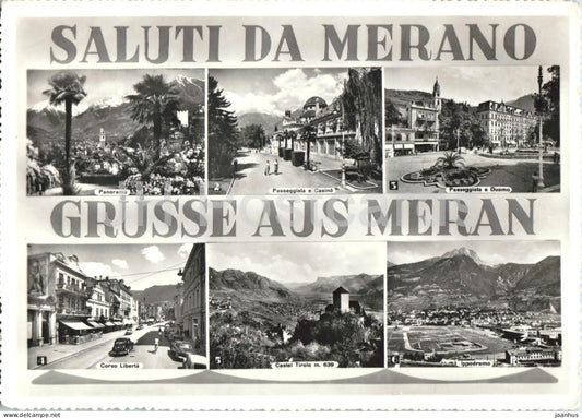 Saluti da Merano - Grusse aus Meran - Greetings - spa town views - multiview - old postcard - 1957 - Italy - used - JH Postcards