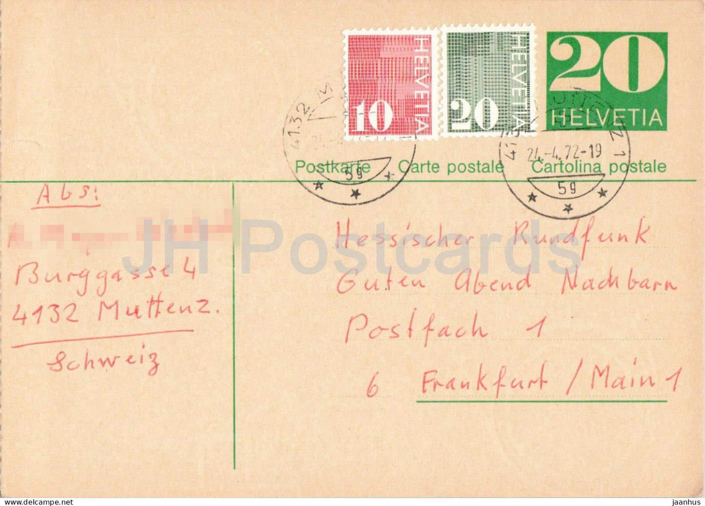 Guten Abend Nachbarn - Hessischer Rundfunk - postal stationery - 77 - 1972 - Switzerland - used - JH Postcards