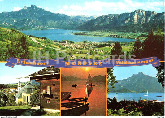 Urlaubsort Mondsee - Salzkammergut - lake - village - church - sailing - sunset - multiview - 605 - Austria - used - JH Postcards