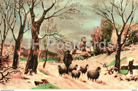 Winter scene with shepherd and sheep - Amaglio Serie 0269 - illustration - old postcard - 1914 - Switzerland - used - JH Postcards