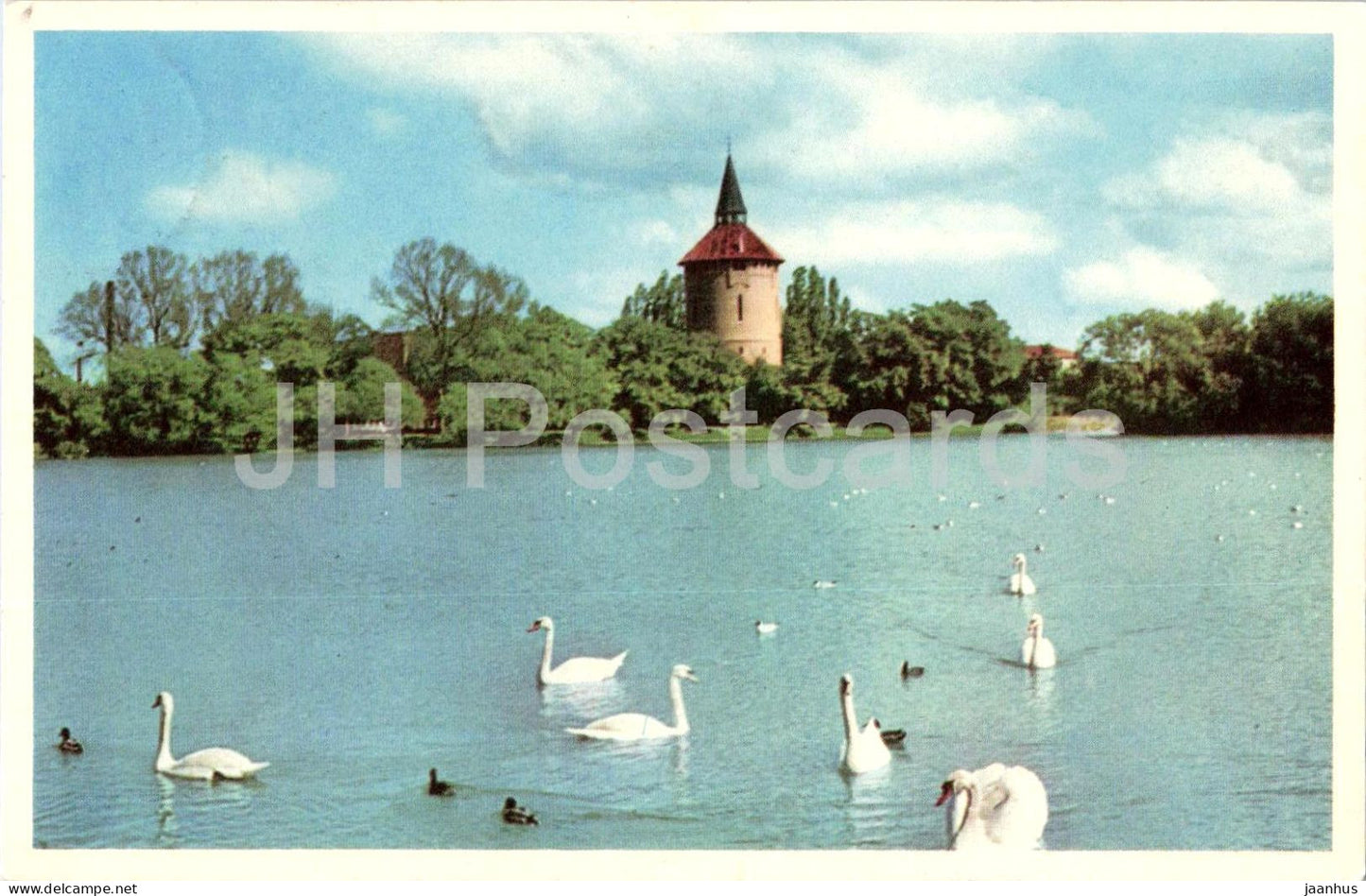 Malmo Motiv fran Pildammarna - View from Pildammarna - lake swans park tower - 1950s - old postcard - Sweden - used - JH Postcards
