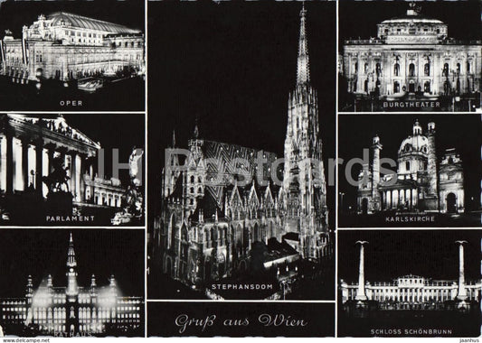 Wien - Vienna - Gruss aus Wien - Oper - Parlament - Rathaus - multiview - 50733 - old postcard 1958 Austria - used - JH Postcards