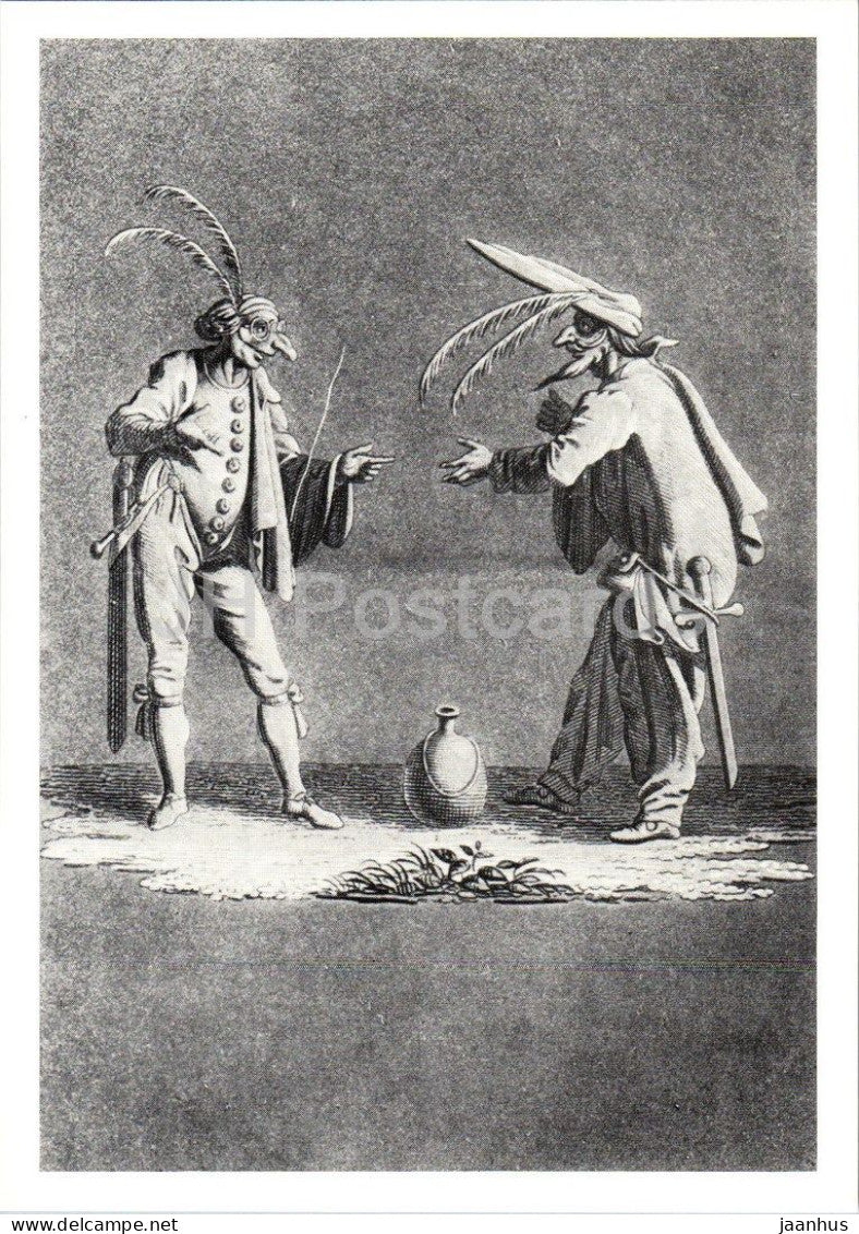 engraving by Jacques Callot - Commedia dellarte figures - Prinzessin Brambilla - French art - Germany - unused - JH Postcards