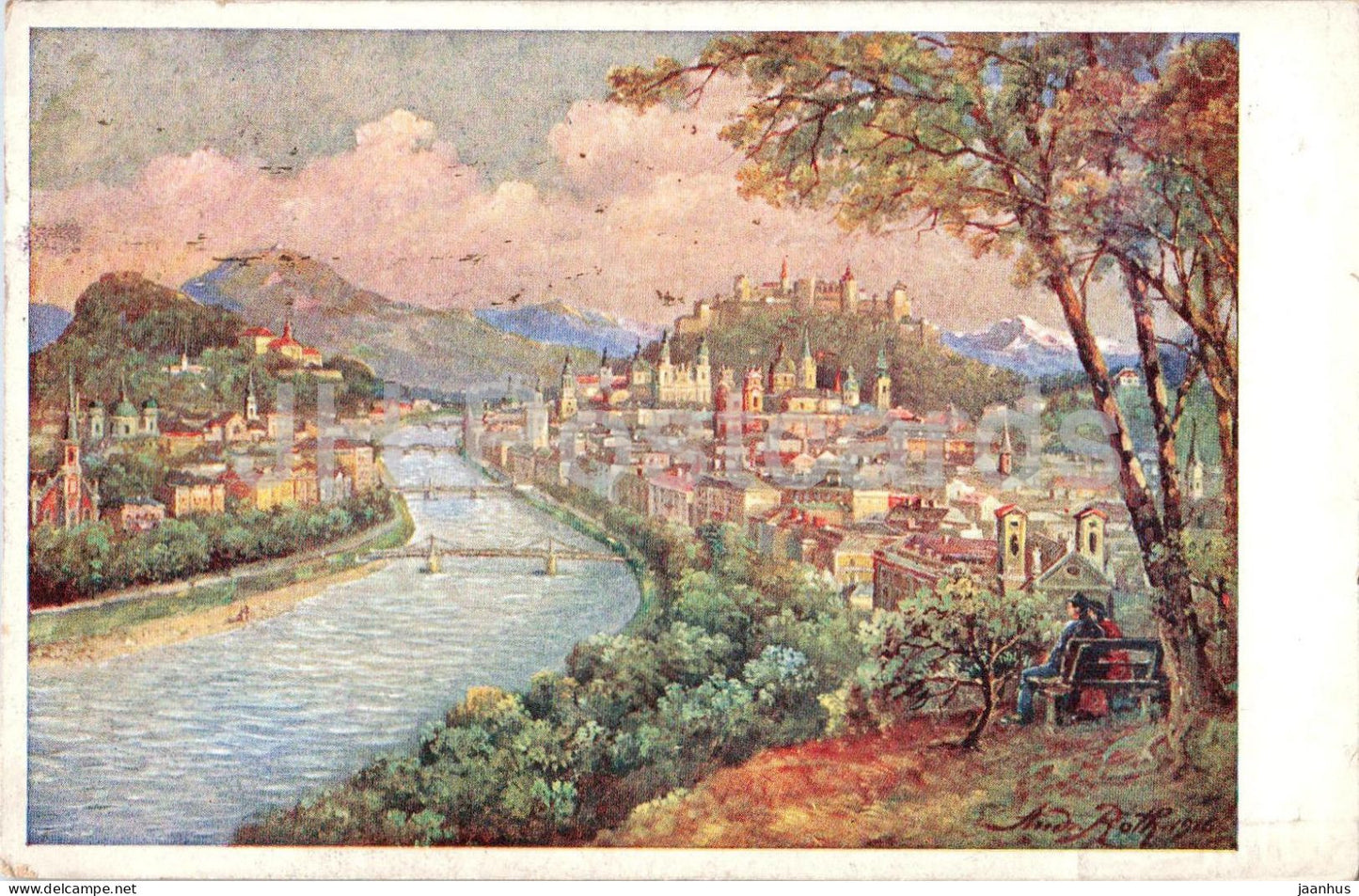 Salzburg von der Humboldtterrasse - Kunstler Postkarte - illustrion Andr. Roth - old postcard - 1918 - Austria - used - JH Postcards