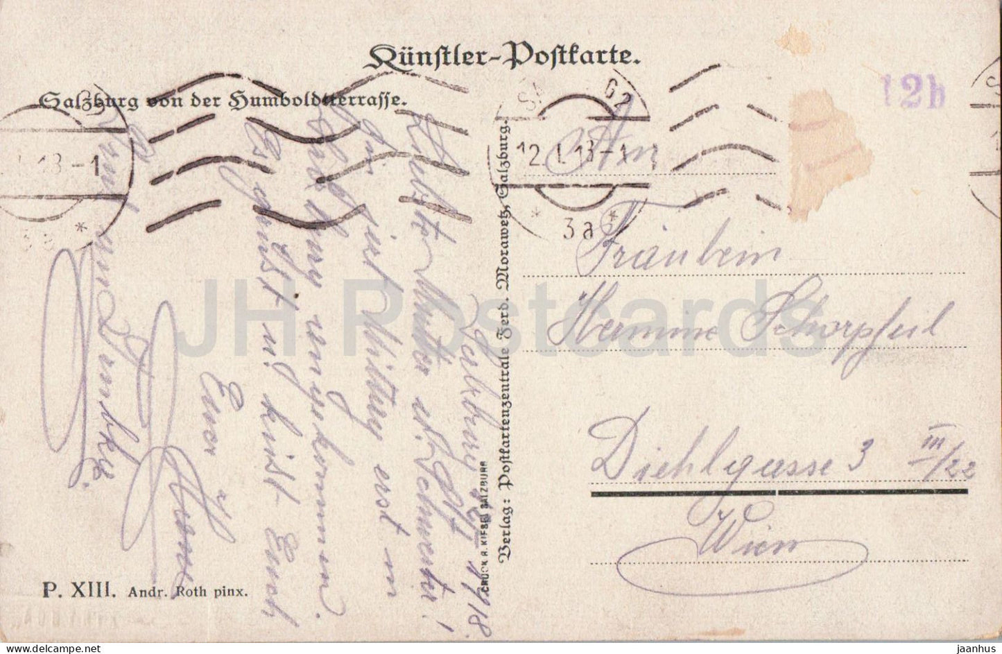 Salzburg von der Humboldtterrasse - Kunstler Postkarte - illustrion Andr. Roth - old postcard - 1918 - Austria - used