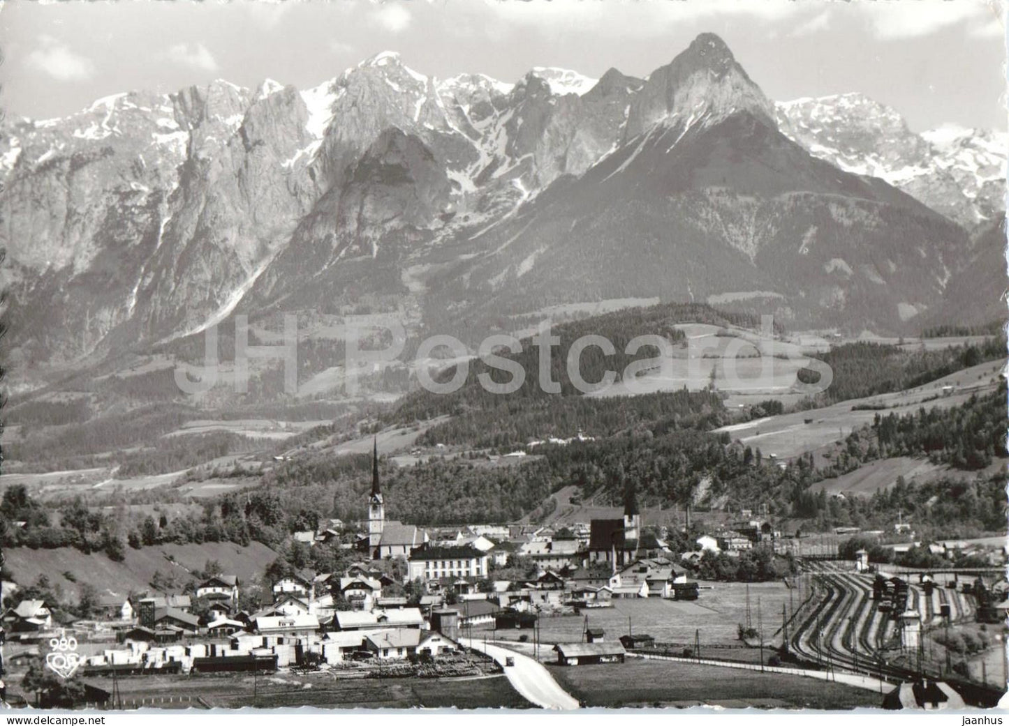Bischofshofen Salzburg mit Tennengebirge - town - mountains - railway - panorama - 980 - 1960 - Austria - used - JH Postcards