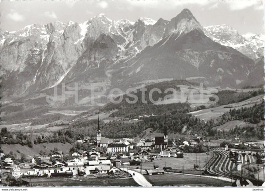 Bischofshofen Salzburg mit Tennengebirge - town - mountains - railway - panorama - 980 - 1960 - Austria - used - JH Postcards