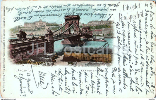 Budapest Lanczhid - Kettenbrucke - Chain Bridge - Danube river - Buda Castle - old postcard - 1910 - Hungary - used - JH Postcards