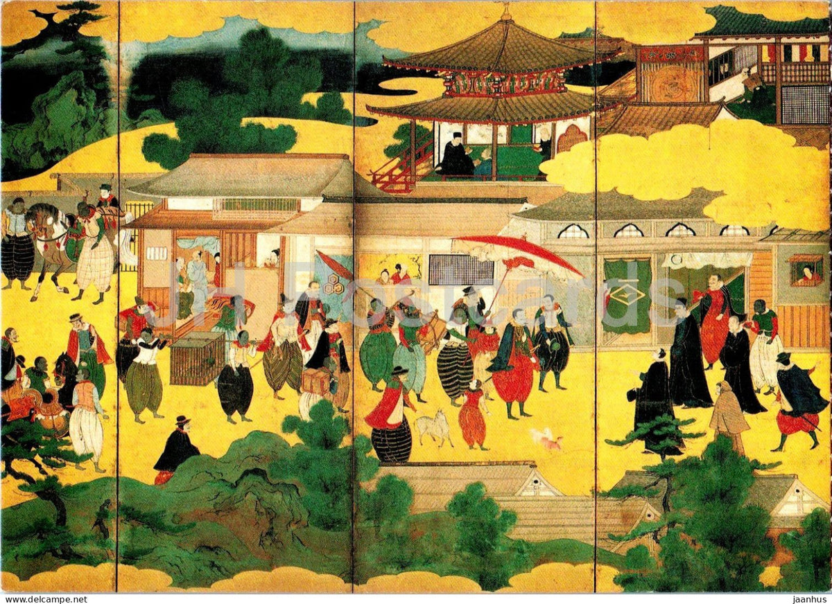 painting by Kano School - Portuguese in Japan - Portugiesen in Japan - horse - Japanese art - 1993 - Germany - unused - JH Postcards