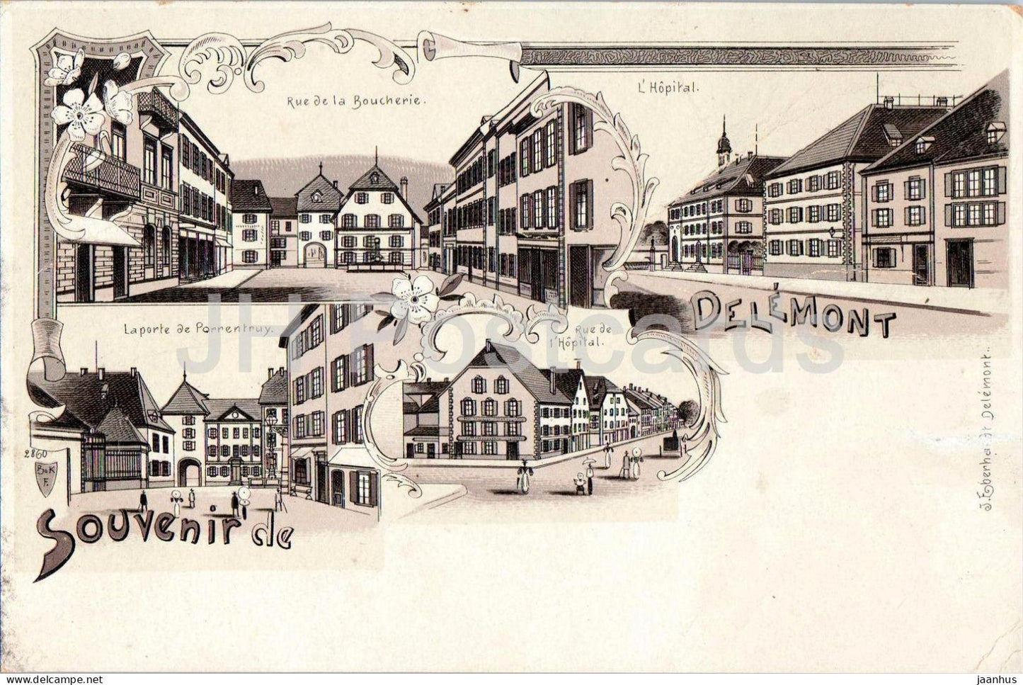 Souvenir de Delemont - Rue de la Boucherie -  L’Hopital - La porte de Porrentruy - LITHO - 1900s - Switzerland - unused - JH Postcards