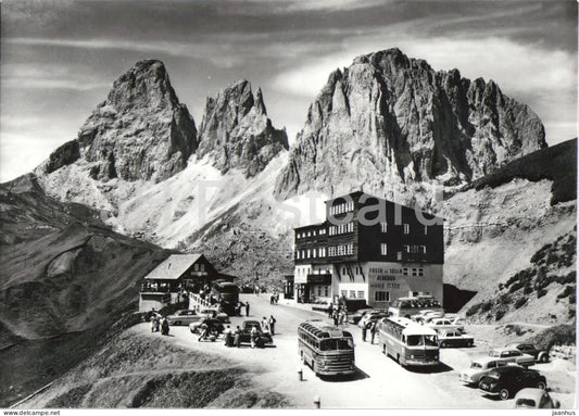 Albergo Maria Flora - Passo Sella - Gruppo del Sassolungo - bus - car - Sellajoch - 4143 - old postcard - Italy - unused - JH Postcards