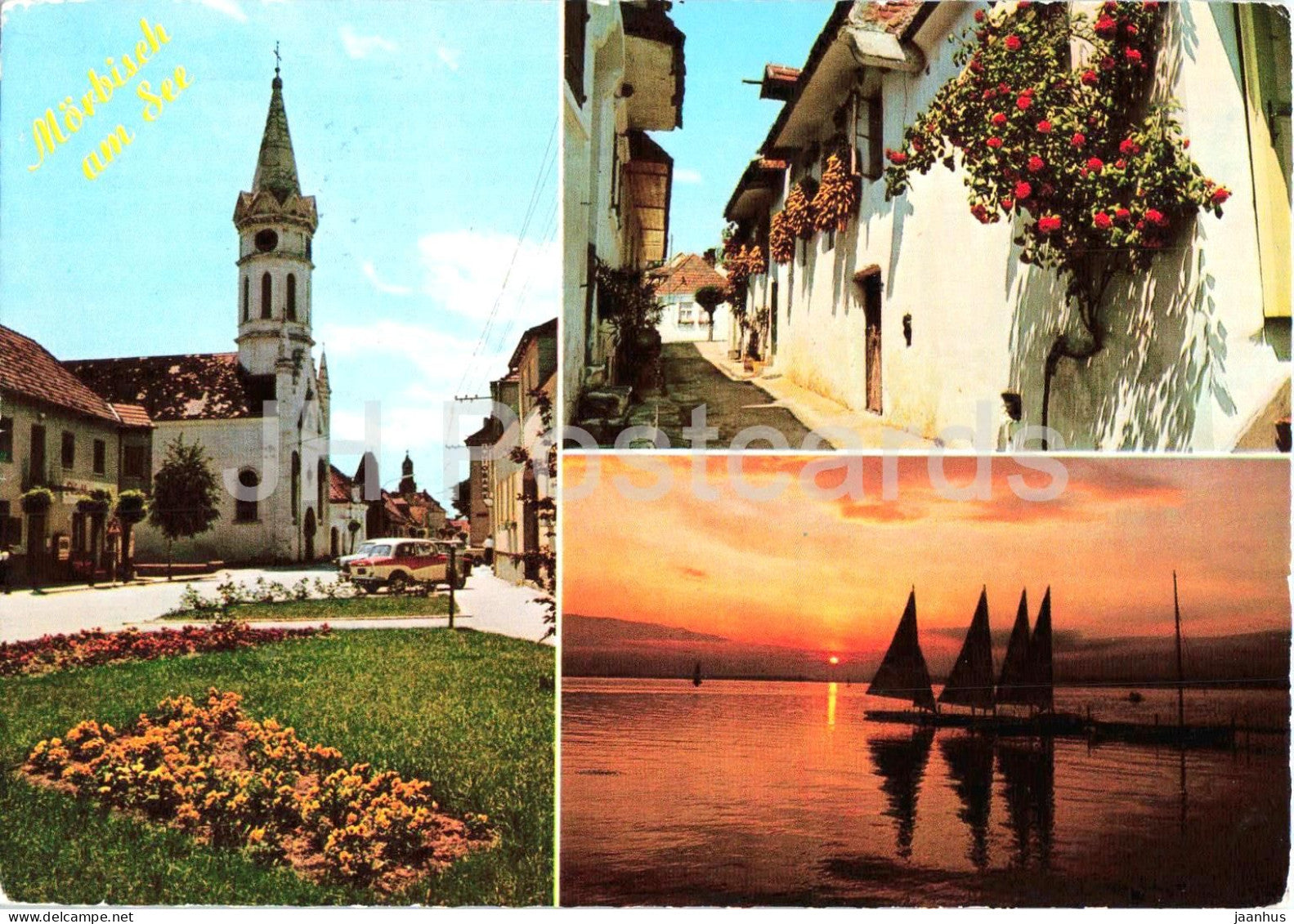 Morbisch am See - church - village street - sunset - sailing boats - multiview - Austria - used - JH Postcards