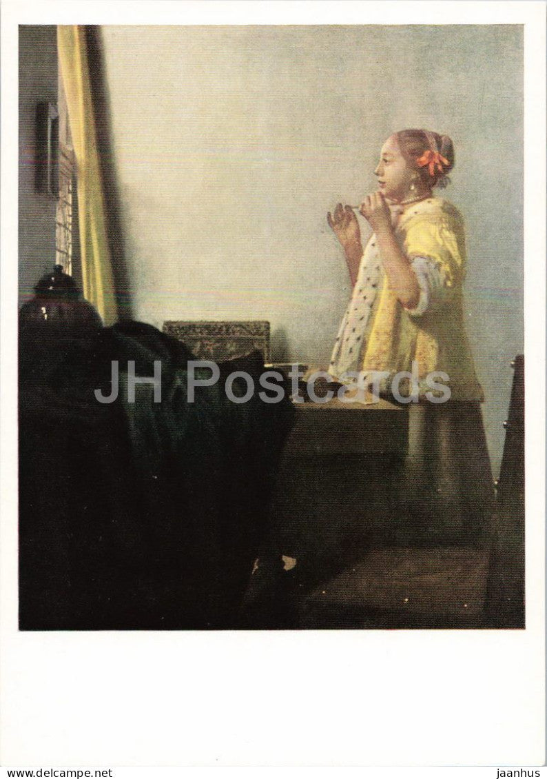 painting by Jan Vermeer van Delft - Woman with a Pearl Necklace - Das Perlenhalsband - Dutch art - Germany - unused - JH Postcards