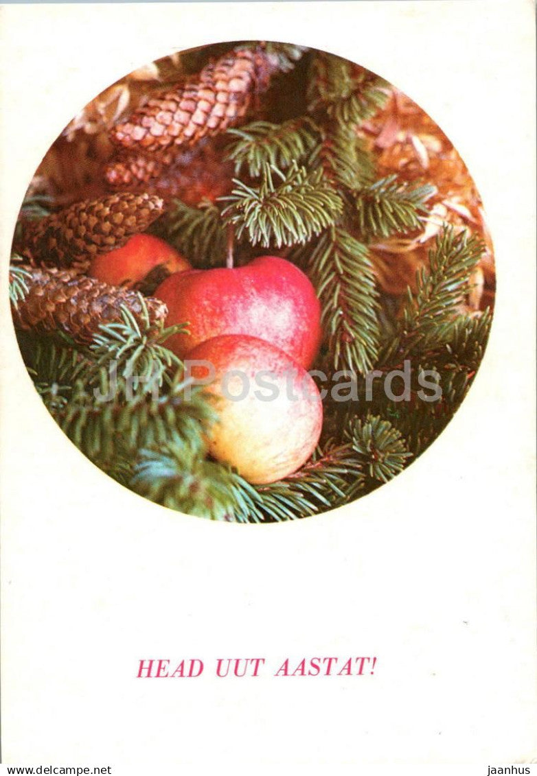 New Year Greeting card - 2 - apple - cone - fir - 1985 - Estonia USSR - used - JH Postcards