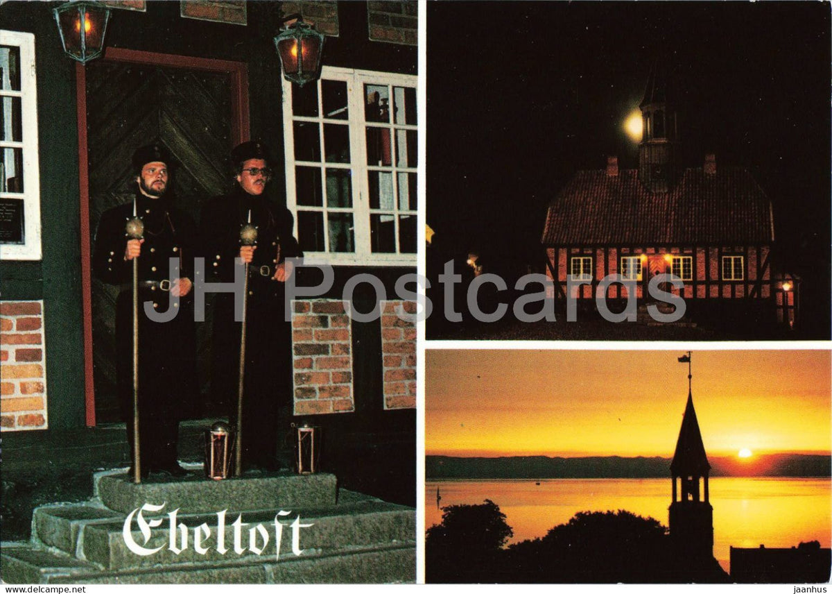 Ebeltoft - night watchmen - old town hall and sunset - multiview - 704 - 1990s - Denmark - unused - JH Postcards