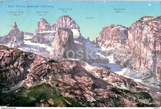 Drei Turme Gauertal Vorarlberg - Mountains - Peaks - Alps - 1038 - old postcard - 1911 - Austria - used - JH Postcards