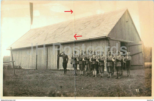 Grossling bei Freistadt - Military drill before wooden hall - old postcard - 1933 - Austria - used - JH Postcards