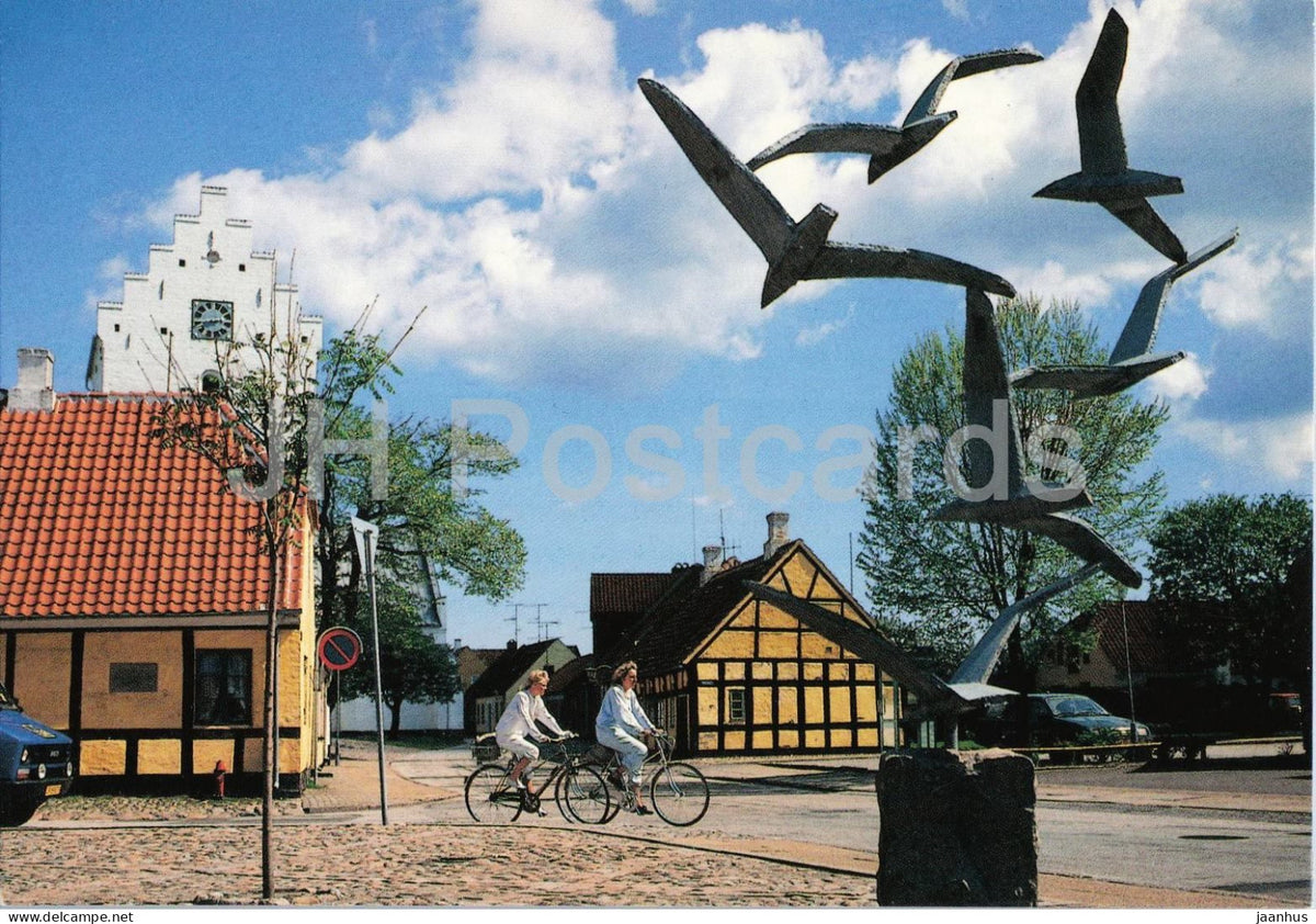 Saeby - seagull sculpture and church - bicycle - birds - car - 8888 - 1990s - Denmark - unused - JH Postcards
