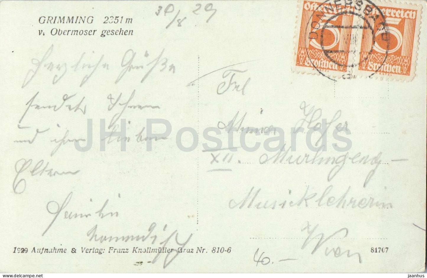 Grimming 2351 m v. Obermoser gesehen - Paysage alpin - 81707 - carte postale ancienne - 1929 - Autriche - utilisé 