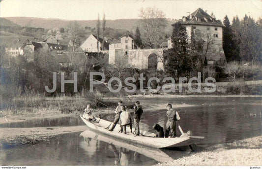 Schloss Biberstein - Kinder - Angeln - Aare Boys fishing on the river - castle - boat old postcard - Switzerland - used - JH Postcards