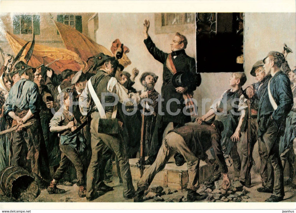 painting - Mayor Huetlin calms revolutionary crowd 1849 - Konstanz Rathaus - military - Germany - unused - JH Postcards