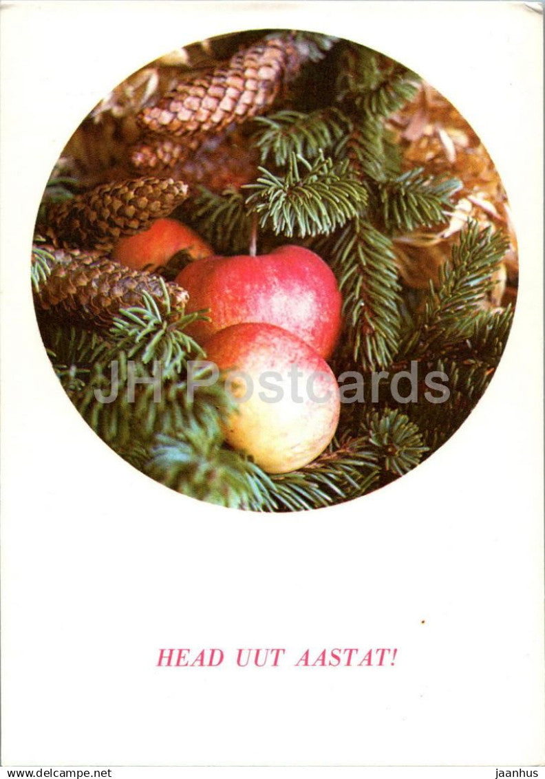New Year Greeting card - 1 - apple - cone - fir - 1985 - Estonia USSR - used - JH Postcards