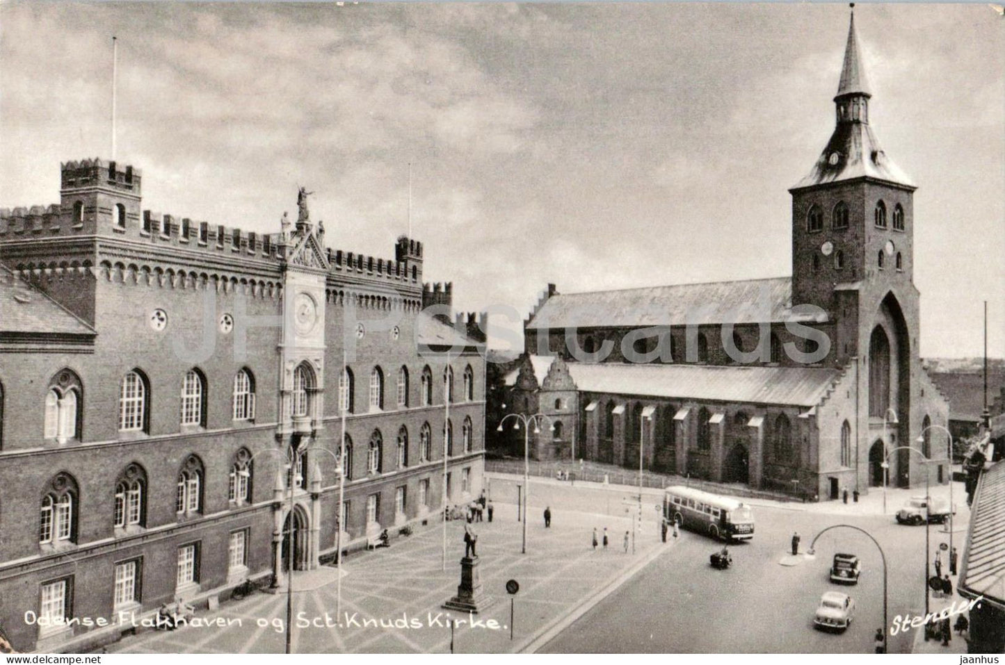Odense Flakhaven og Sct. Knuds Kirke - St Canute Church) - city view - old postcard - 1957 - Denmark - used - JH Postcards