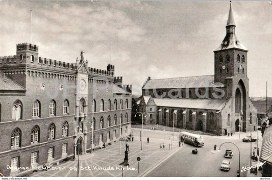 Odense Flakhaven og Sct. Knuds Kirke - St Canute Church) - city view - old postcard - 1957 - Denmark - used - JH Postcards