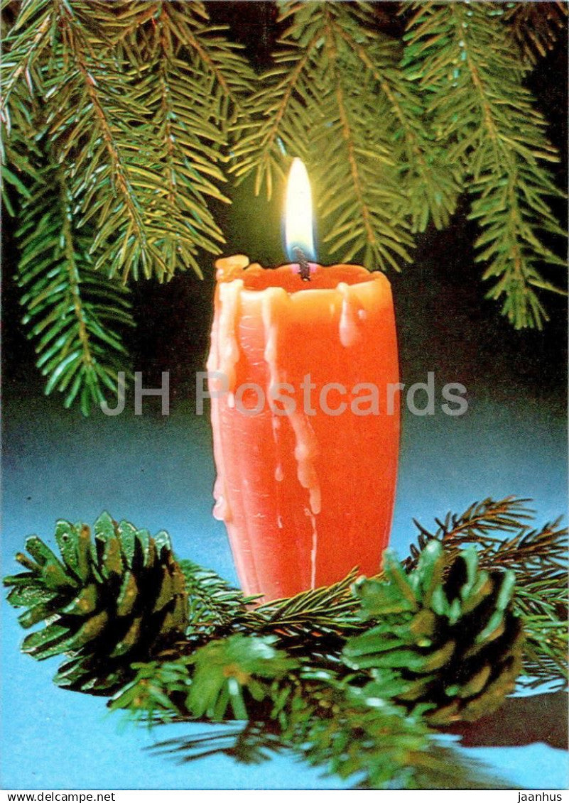 New Year Greeting Card - red candle - cone - 1989 - Estonia USSR - unused - JH Postcards