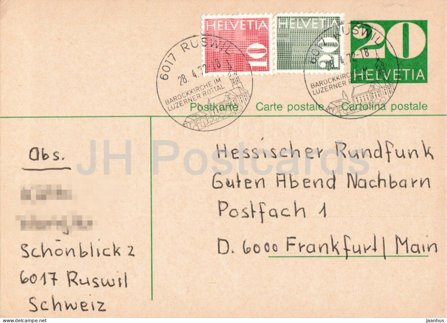Guten Abend Nachbarn - Hessischer Rundfunk - postal stationery - 61 - 1972 - Switzerland - used - JH Postcards