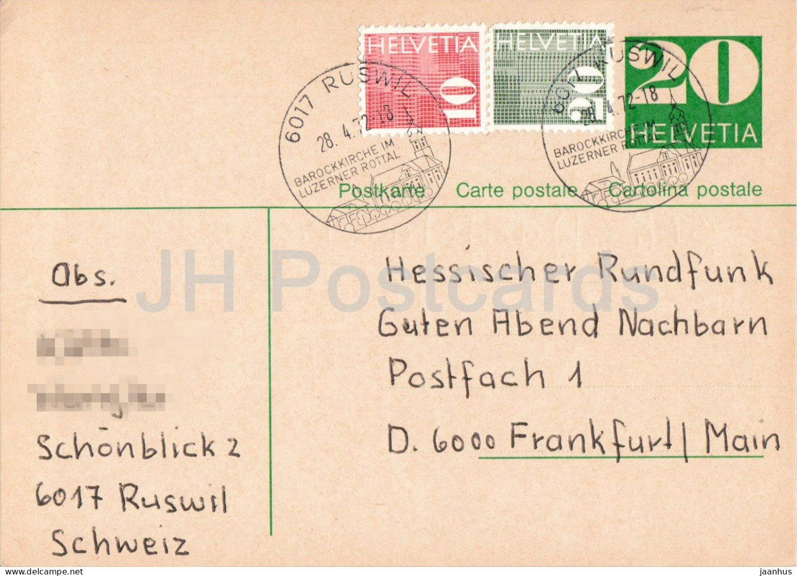 Guten Abend Nachbarn - Hessischer Rundfunk - postal stationery - 61 - 1972 - Switzerland - used - JH Postcards