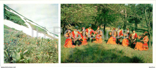 Asian globeflower - Trollius asiaticus - folk ensemble Zharki - folk costumes - Khakassia - 1986 - Russia USSR - unused - JH Postcards