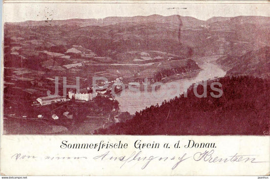 Sommerfrische Grein a. d. Donau - aerial view along the Danube valley - old postcard - 1910s - Austria - used - JH Postcards