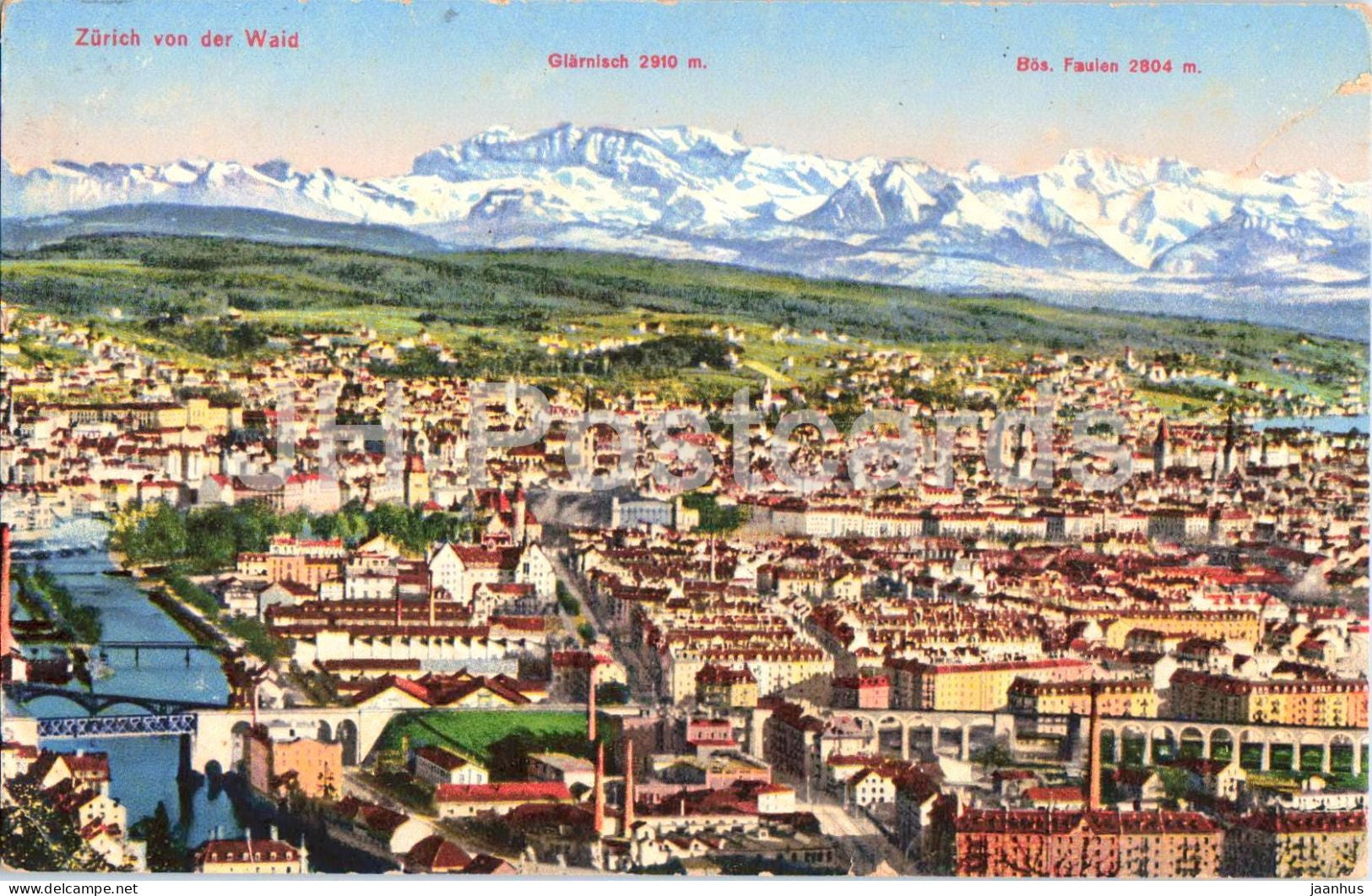 Zurich von der Waid - city and Alps panorama - old postcard - 1922 - Switzerland - used - JH Postcards