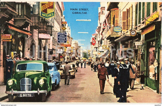 Gibraltar - Main street - car Austin Somerset - sailor - Dris watches - old postcard - Gibraltar - unused - JH Postcards