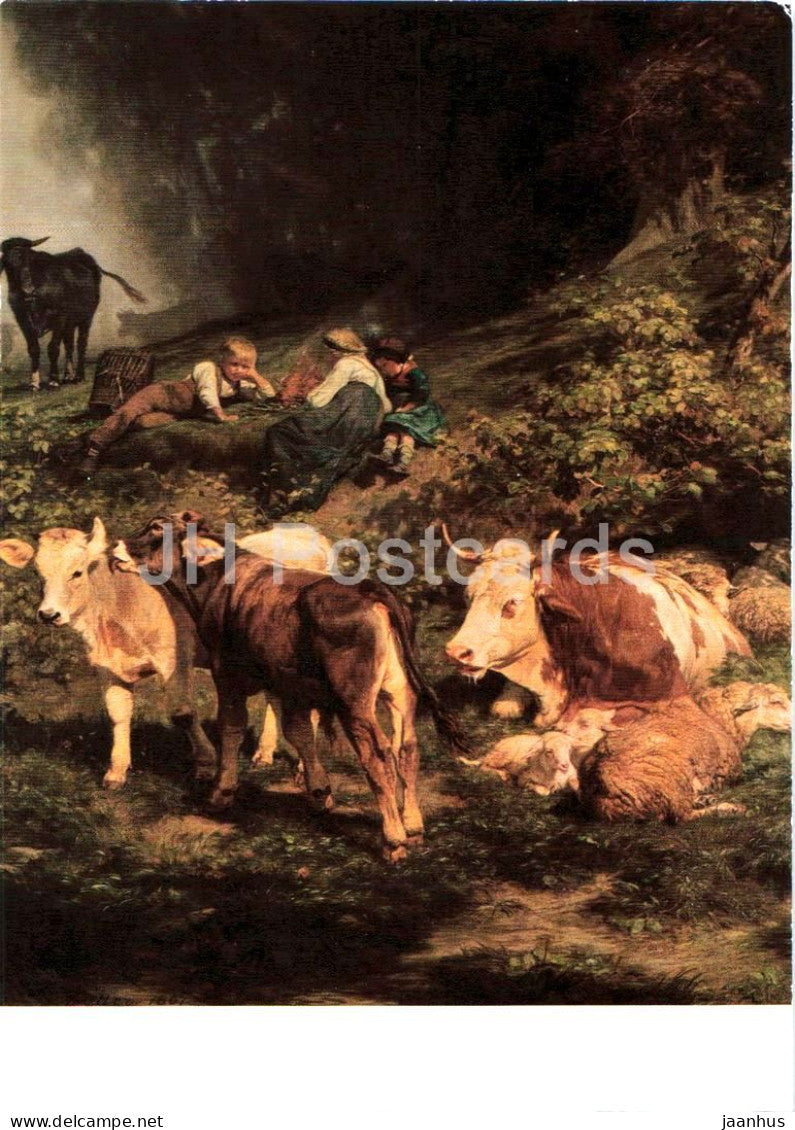 painting by Rudolf Koller - Autumn Pasture - Herbstweide - cows - sheep - Swiss art - 1970s - Switzerland - unused - JH Postcards