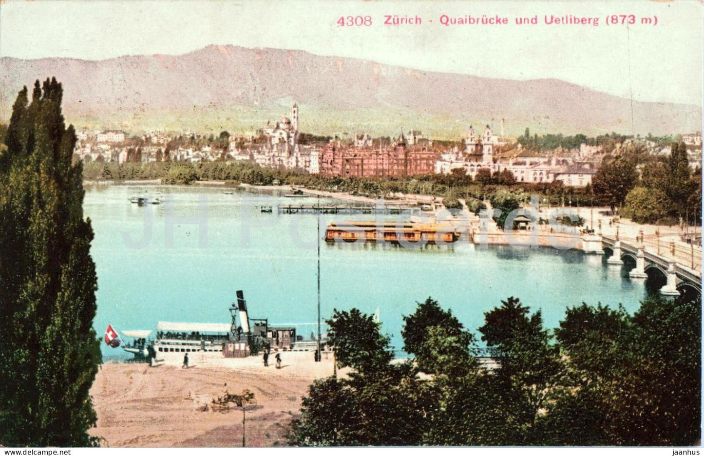 Zurich - Quaibrucke und Uetliberg 873 m - ship - 4308 - old postcard - 1908 - Switzerland - used - JH Postcards
