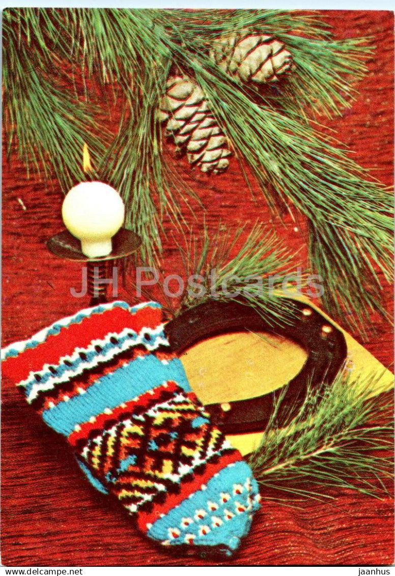 New Year Greeting card - 4 - mittens - horseshoe - 1978 - Estonia USSR - used - JH Postcards