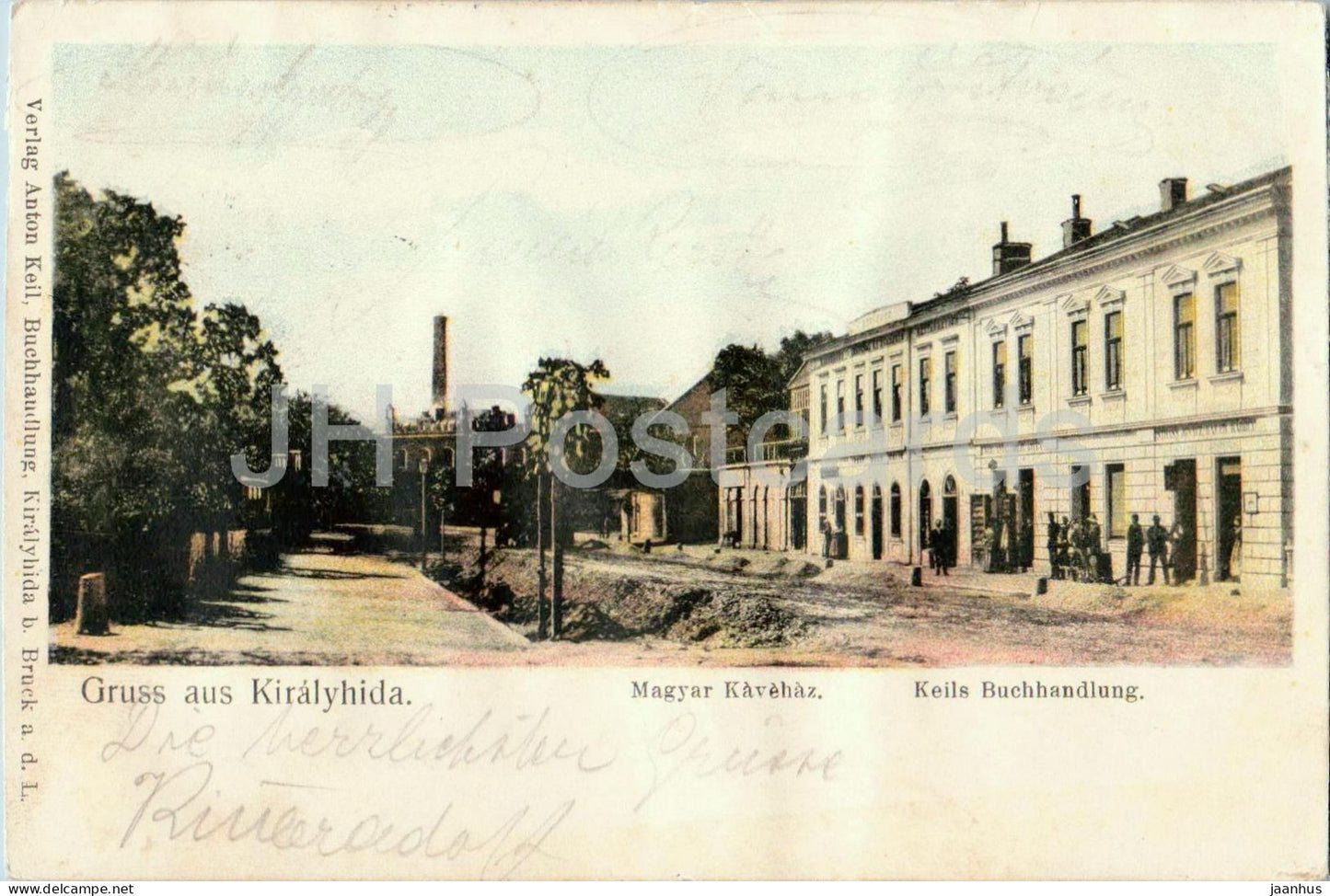 Gruss aus Kiralyhida - Bruckneudorf - Magyar Kavehaz - Keils Buchhandlung - old postcard - 1908 - Austria-Hungary - used - JH Postcards