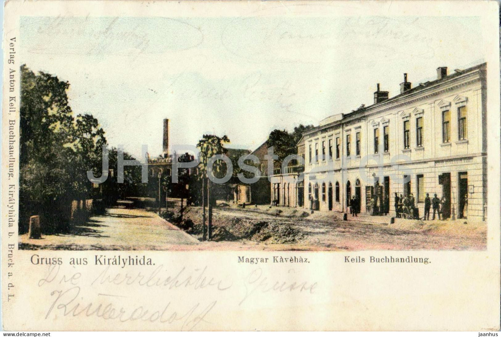 Gruss aus Kiralyhida - Bruckneudorf - Magyar Kavehaz - Keils Buchhandlung - old postcard - 1908 - Austria-Hungary - used - JH Postcards