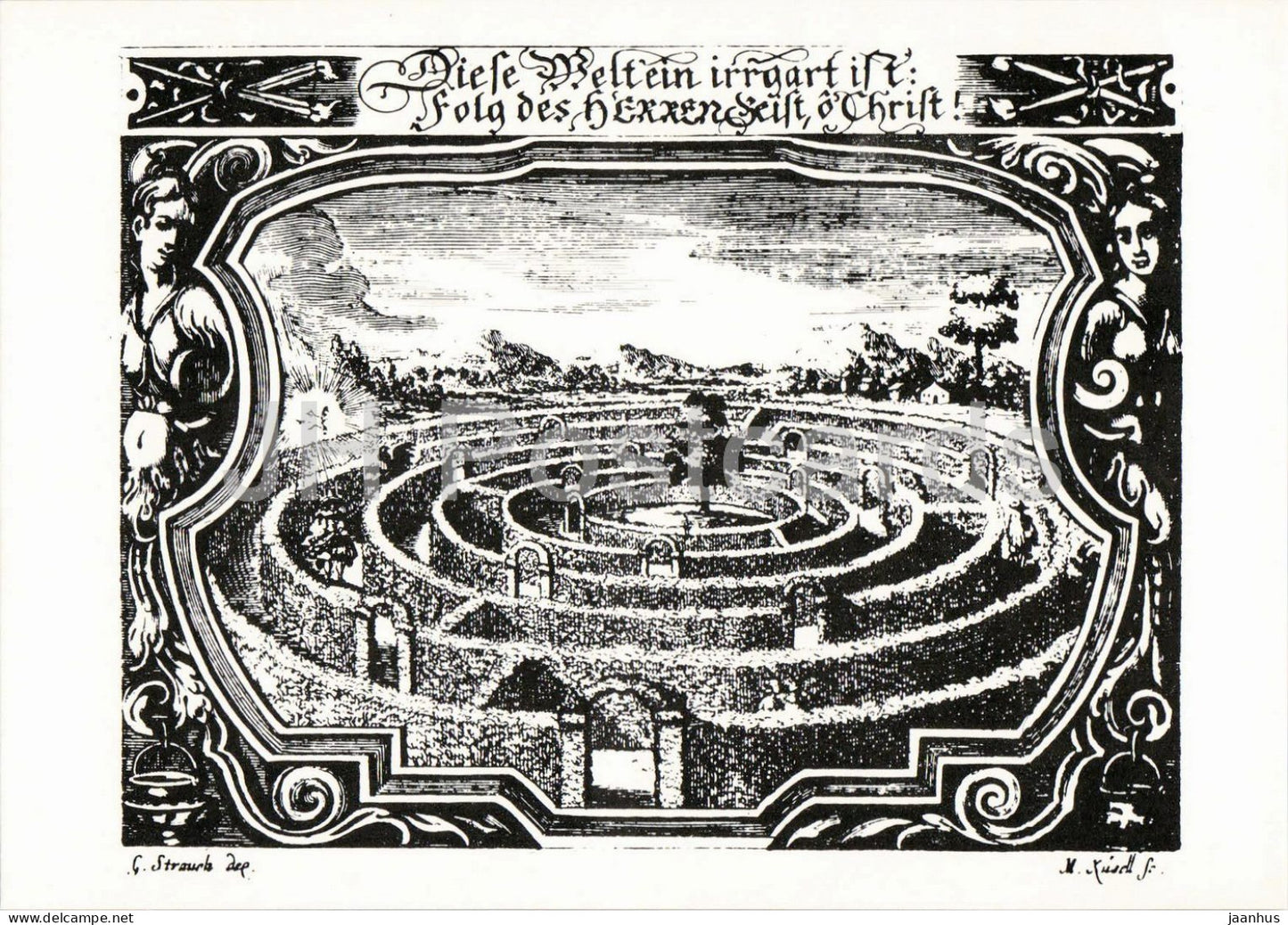 engraving by M. Kusell - Labyrinth of the World - Der Welt Irrgarten - Gedichte des Barock German art - Germany - unused - JH Postcards
