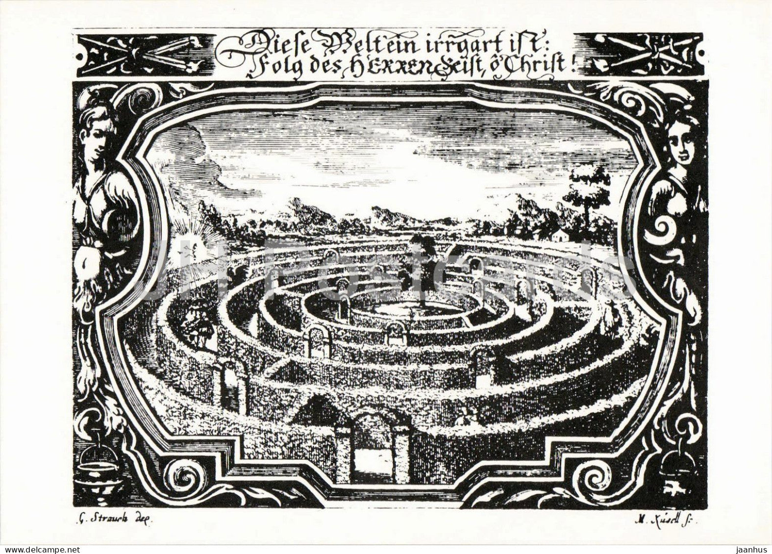 engraving by M. Kusell - Labyrinth of the World - Der Welt Irrgarten - Gedichte des Barock German art - Germany - unused - JH Postcards
