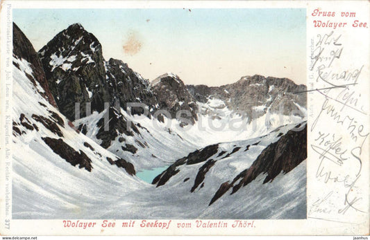 Gruss vom Wolayer See mit Seekopf vom Valentin Thorl - mountains - Alps - 377 - old postcard - 1900 - Austria - used - JH Postcards