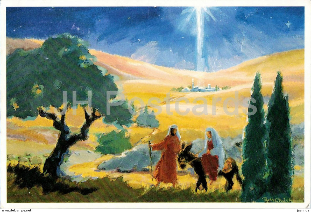 painting by R. Christensen - Mary and Joseph on the way to Bethlehem - donkey - 1993 - Netherlands - used - JH Postcards