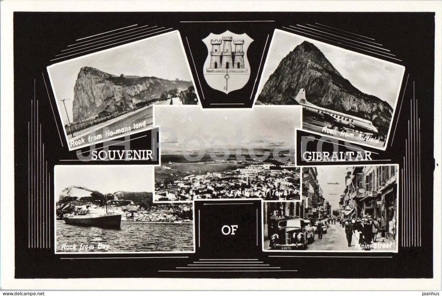 Souvenir of Gibraltar - Entrance to Town - Rock - Main street - ship - car multiview - old postcard - Gibraltar - unused - JH Postcards
